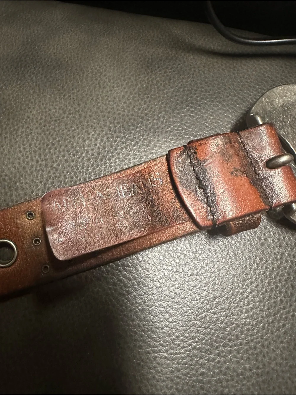 Armani Jeans Distressed Leather Belt with Large Silver Branded Buckle